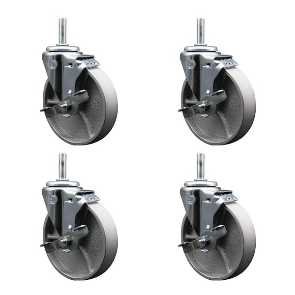 5 Inch Semi Steel Wheel Swivel 58 Inch Threaded Stem Caster Set with Brake SCC